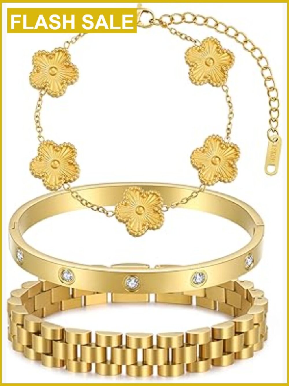 18k Gold Plated Stackable Bangle Bracelets Set, 3 Pcs Charm Jewelry
